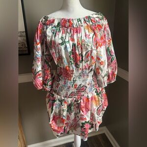 NEW MISA Los Angeles‎ Marta Floral Off-Shoulder Smocked Mini Dress Medium